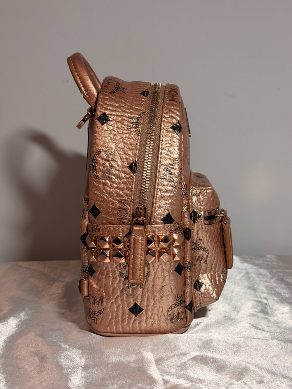MCM Stark Mini Rose Gold Visetos Studded Backpack - Picture 3 of 12